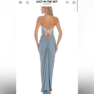 Lucy in the Sky Strapless Corset Sequin Butterfly Maxi Dress in Blue